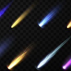 Illustration of eight multicolored comets on a black background