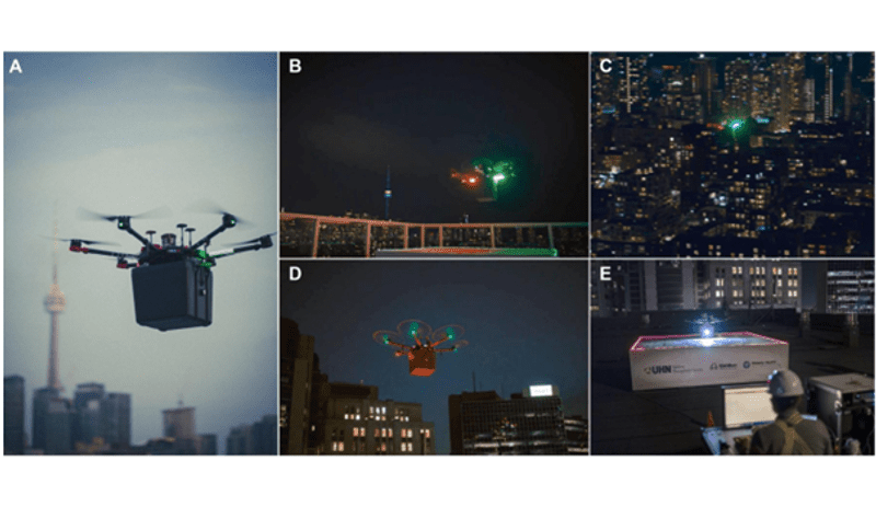 A drone modified specifically for lung transport A) test flight, (B) takeoff from Toronto Western Hospital, (C) mid-flight over Toronto, (D) landing approach, and (E) landing at Toronto General Hospital
