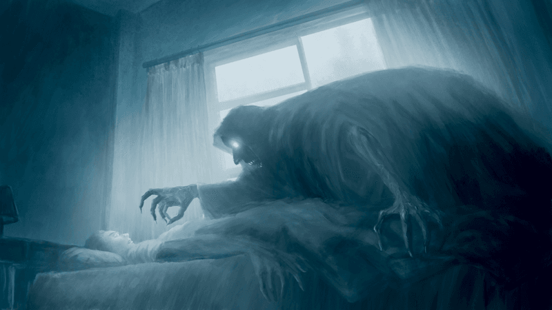 illustration of a nightmare, creepy figure leaning over sleeping person