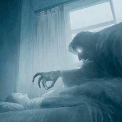 illustration of a nightmare, creepy figure leaning over sleeping person