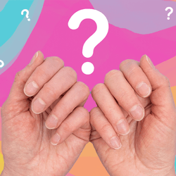 a pair of hands with the nails visible, on a colorful background with white question marks