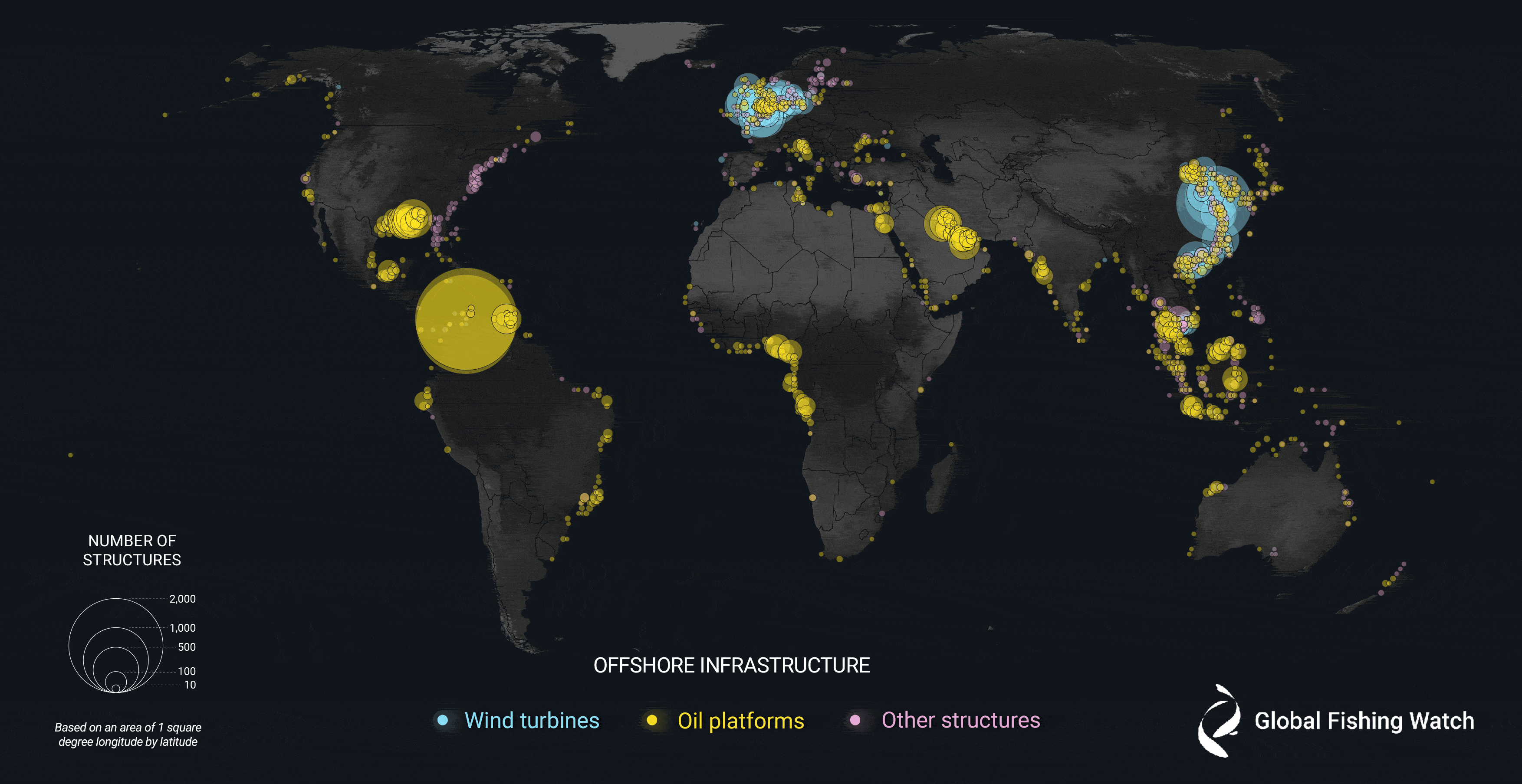 Dark map of the world with colored dots to show the locations of offshore infrastructure projects, turquoise for wind turbines, yellow for oil platforms, and purple for other structures. Dark map of the world with colored dots to show the locations of offshore infrastructure projects, turquoise for wind turbines, yellow for oil platforms, and purple for other structures.
