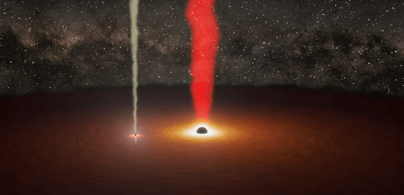 Illustration of the two supermassive black holes in OJ 287 at a rare moment when the smaller SMBH outsines its companion.