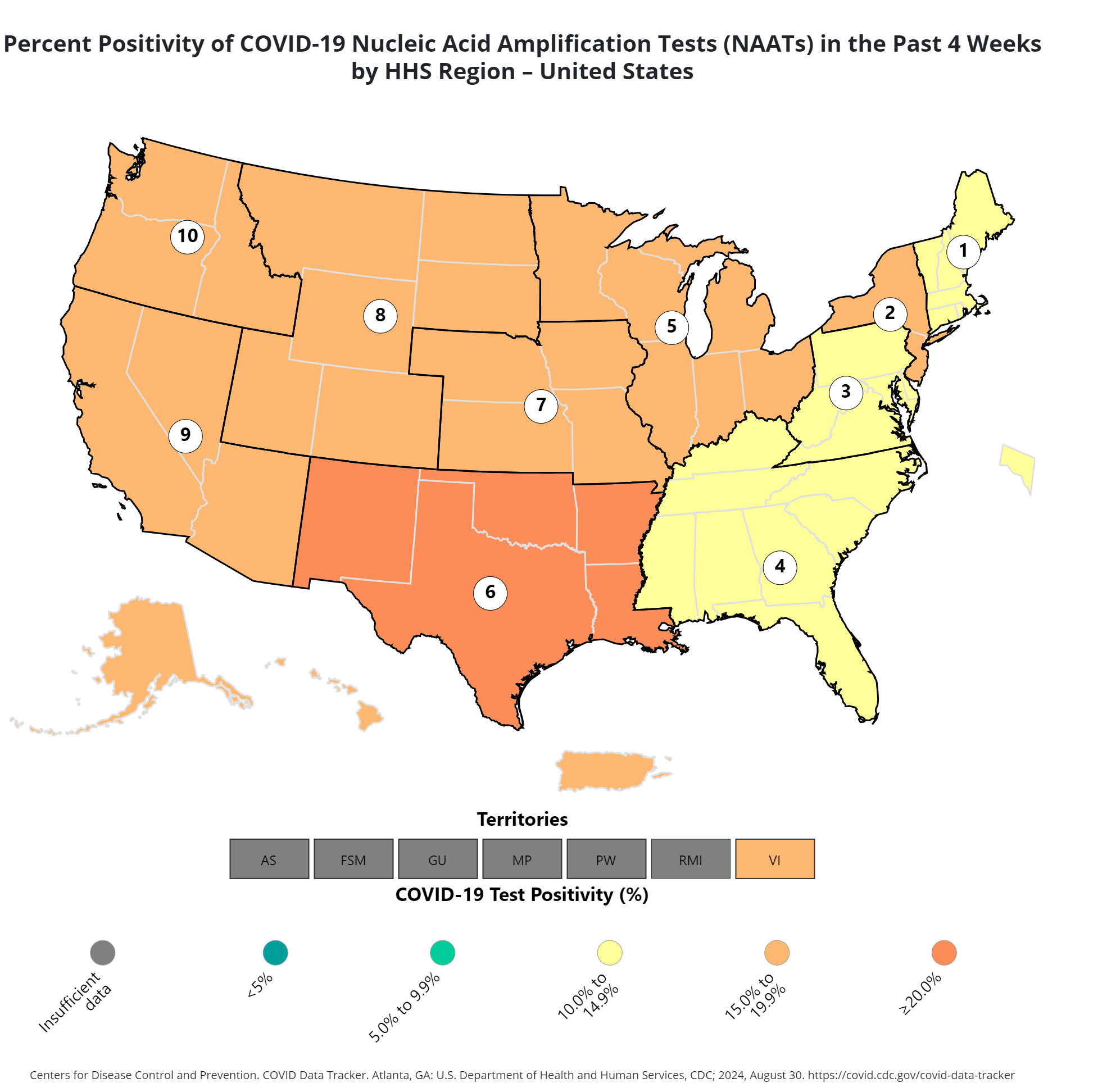 A map of the US split into ten regions showing each region's COVID-19 test positivity rate A map of the US split into ten regions showing each region's COVID-19 test positivity rate