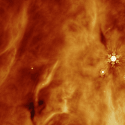 An orange cloud is visible with a handul of stellar objects appearing within it.