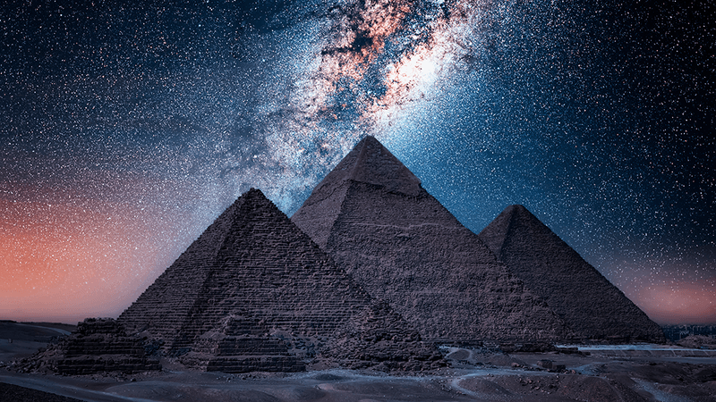 The pyramids at Giza at night.