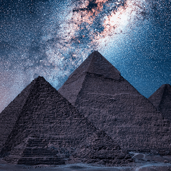 The pyramids at Giza at night.