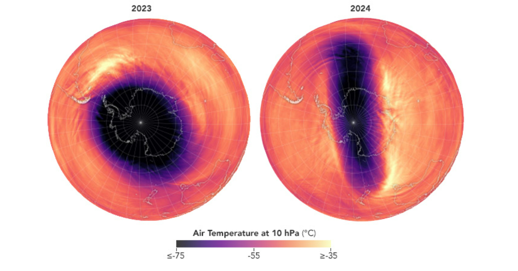 The southern polar vortex in August 2023 vs. August 2024. The southern polar vortex in August 2023 vs. August 2024.