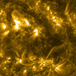 A picutre of the sun in ultraviolet. There are a lot of active regions with arcs of plasma leaving and coming back to the surface