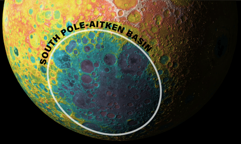 relief of craters on the moon has shown in different color. The basin is much deeper thatn anything aound with even deeper craters within.