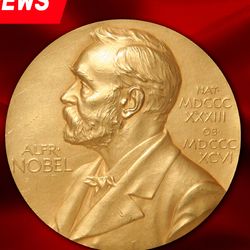 The breaking news banner and the nobel medal over a velvet background