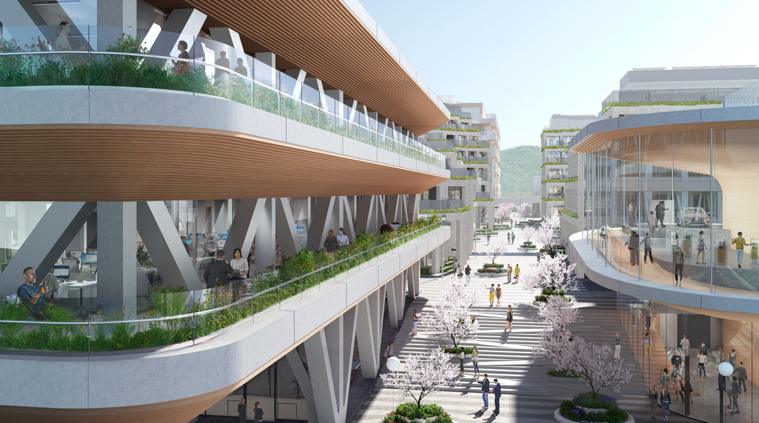 A concept design showing a street of Woven City, a futuristic smart city in Japan A concept design showing a street of Woven City, a futuristic smart city in Japan