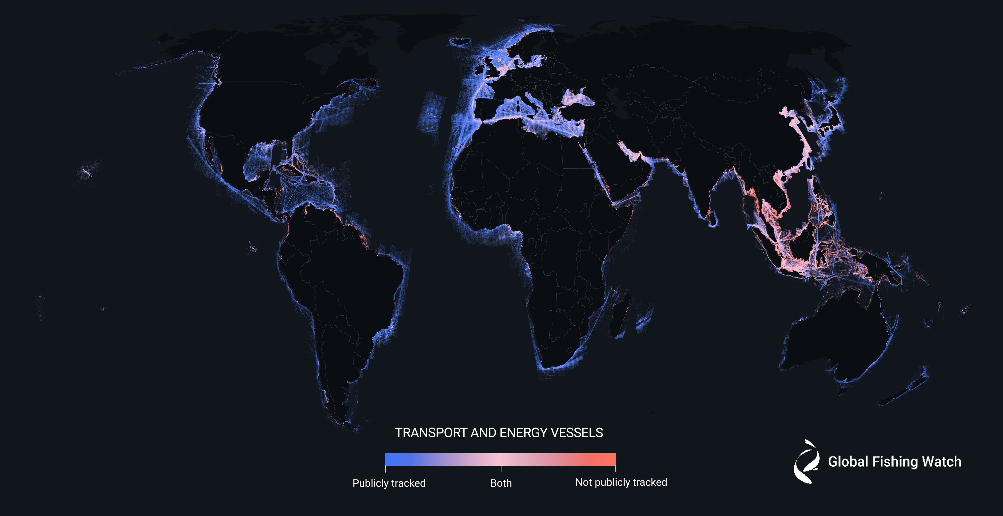 dark map of the world with colored shading around coastlines showing transport and energy vessel traffic, with a scale from blue (publicly tracked) to red (not publicly tracked) dark map of the world with colored shading around coastlines showing transport and energy vessel traffic, with a scale from blue (publicly tracked) to red (not publicly tracked)