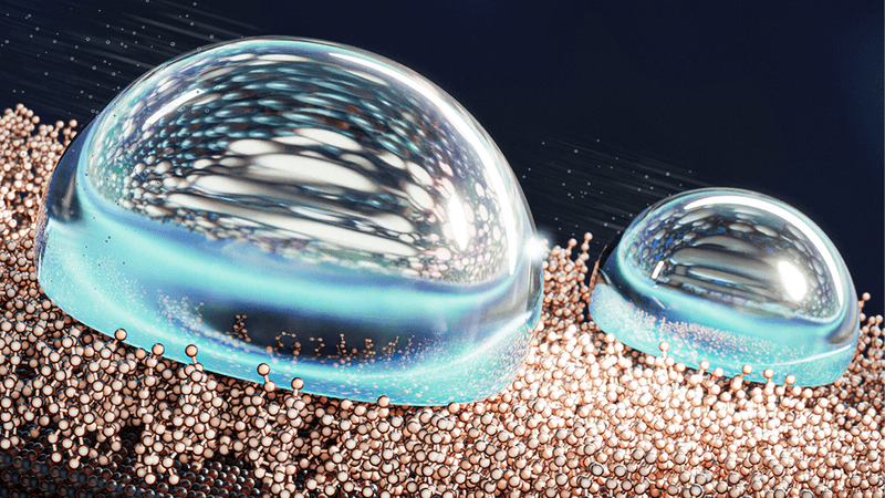 Artist's impression of water droplets traveling on self-assembled monolayers.