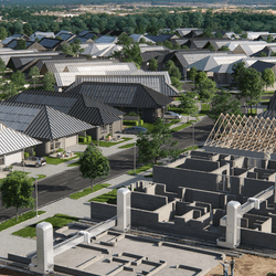 An artist's impression of the 3d printed homes at Wolf Ranch community in Texas, designed by ICON